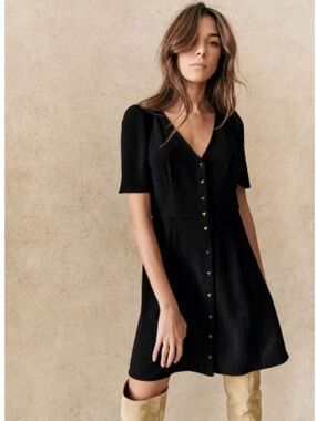 Sezane Lily Black V-Neck Button-Front Mini Dress Size 42 Size 10